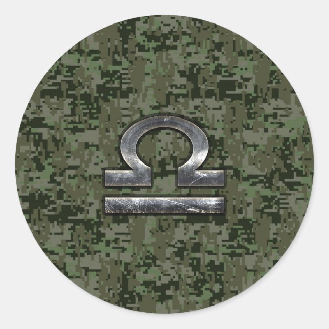 Libra Zodiac Sign auf Woodland Green digitale Camo Runder Aufkleber (Vorderseite)