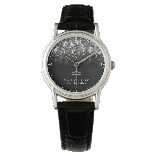 Libra Zodiac Sign Silver Glitzer Sterne Geburtsdat Armbanduhr (Vorderseite)