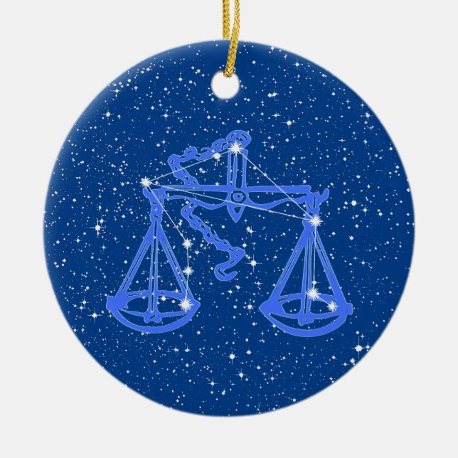Libra Zodiac Sign with Stars on Deep Blue Keramik Ornament (Vorne)