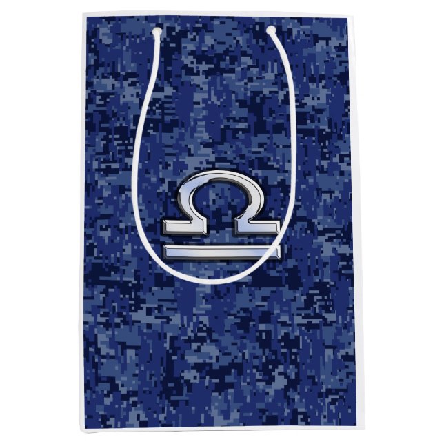 Libra Zodiac-Symbol auf Blue Digital-Camouflage Mittlere Geschenktüte (Vorderseite)