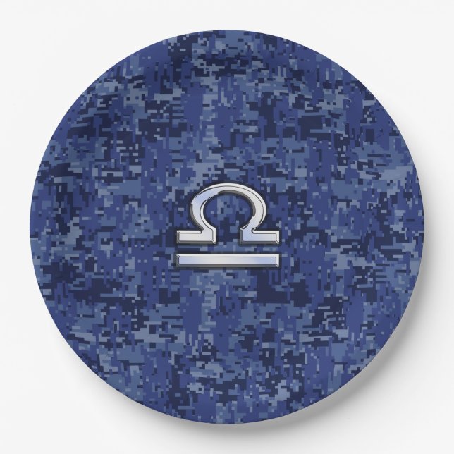 Libra Zodiac-Symbol auf Blue Digital-Camouflage Pappteller (Vorderseite)