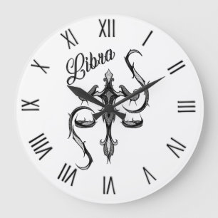Libra Zodiac-Symbol mit schwarzen römischen Zahlen Große Wanduhr