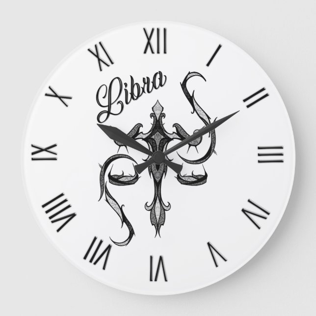 Libra Zodiac-Symbol mit schwarzen römischen Zahlen Große Wanduhr (Vorderseite)