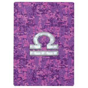 Libra Zodiac Symbol on Fuchsia Digital Camo Klemmbrett