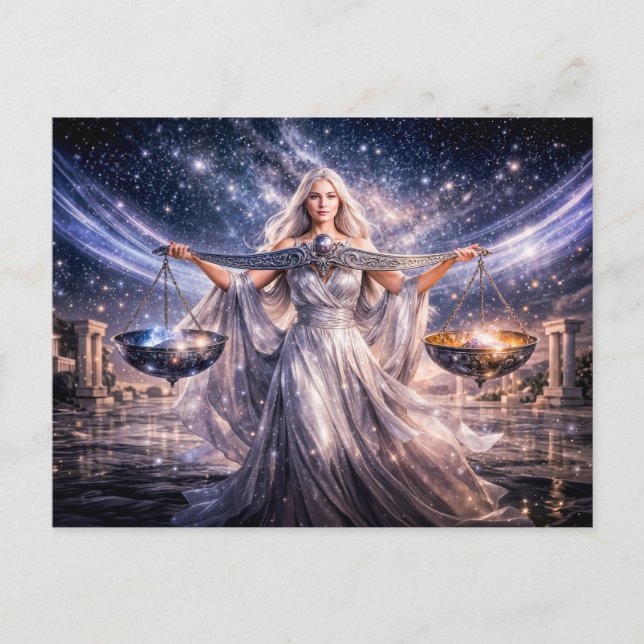 Libra Zodiac with Celestial Maiden Holding the Sca Postkarte (Vorderseite)