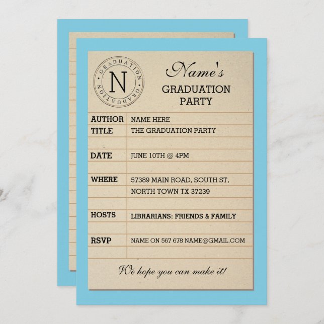 Library Card Graduation Party Blue Book Invite Einladung (Vorne/Hinten)