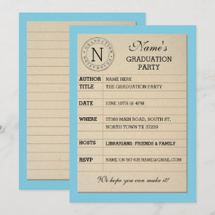 Library Card Graduation Party Blue Book Invite Einladung
