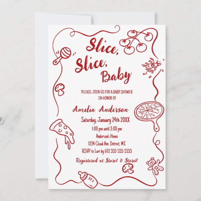lice Slice Baby | Red Doodle Pizza Baby Shower Einladung (Vorderseite)