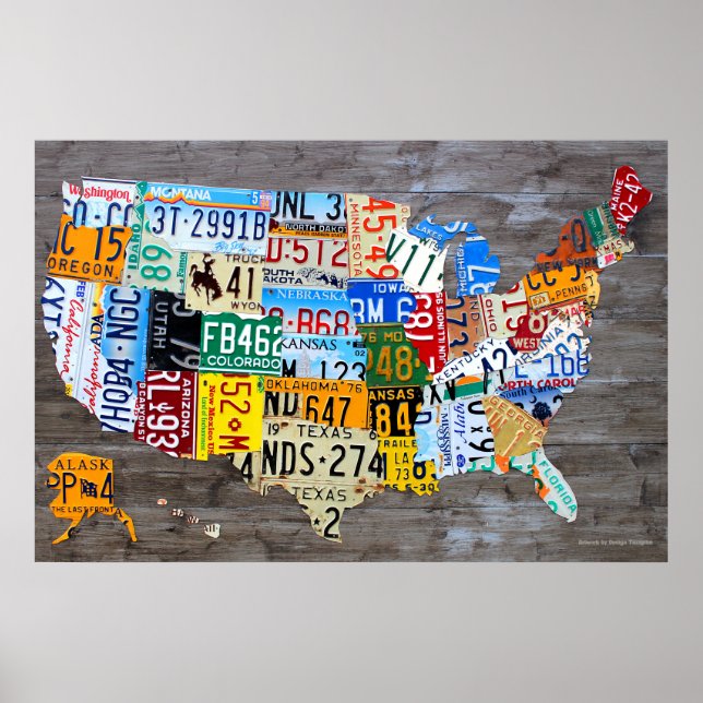 License Plate Map of the USA on Gray Wood 2016 Poster (Vorne)