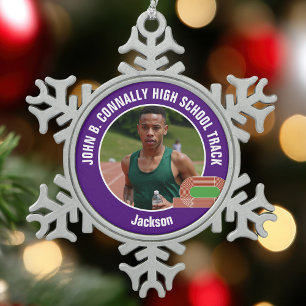 Lichtbild eines Leichtathleten der High School auf Schneeflocken Zinn-Ornament