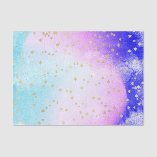 Lichtblau, rosa, Lila Aquarellfarben und Goldstein Seidenpapier (Vorderseite)