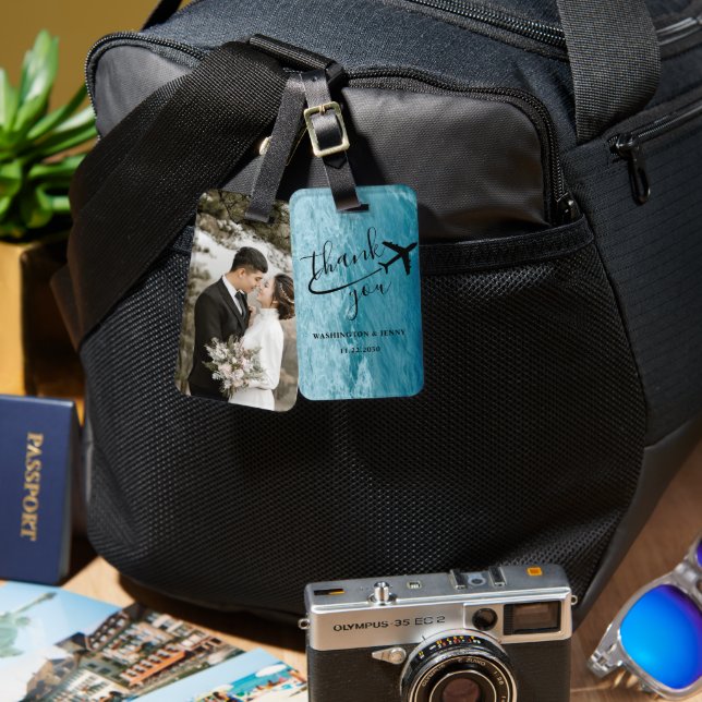 Lichtblaue Ozeanwellen inspirierendes HochzeitsFot Gepäckanhänger (Vorderseite & Rückseite)