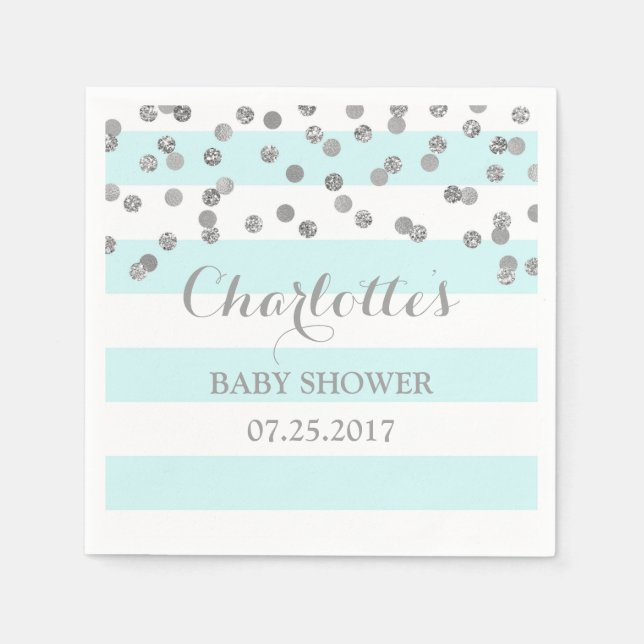 Lichtblaue Streifen Silver Confetti Babydusche Serviette (Vorderseite)