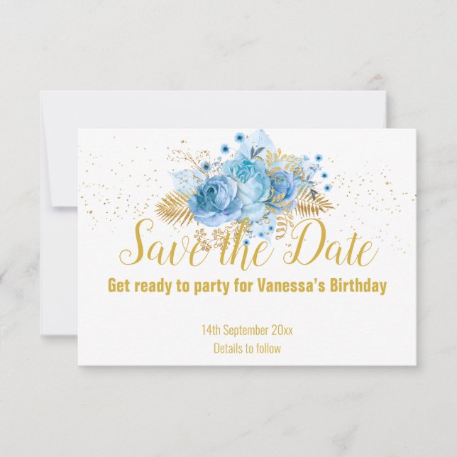 LICHTBLUE GOLD FLORAL BOUQUET SAVE THE DATE RSVP KARTE (Vorderseite)