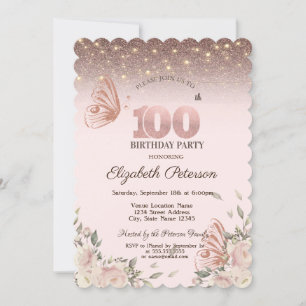 Lichter, Blumen Glitter Schmetterlinge 100. Geburt Einladung