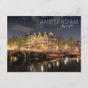 Lichter der Stadt Amsterdam bei Nacht reflektiert Postkarte