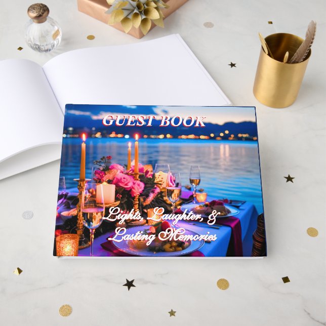 Lichter, Lachen und dauerhafte Erinnerungen Gästeb Gästebuch (Vorderseite Offen)