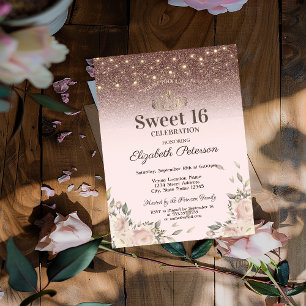 Lichter, rosa Blumen glitzern Sweet 16 Einladung