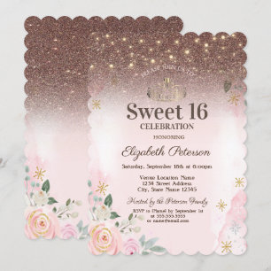 Lichter, rosa Blumen Schneeflocken Glitter Sweet 1 Einladung