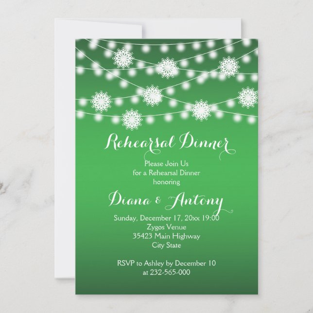 Lichter, Schneeflocken Hochzeitsessen Probe Einladung (Vorderseite)