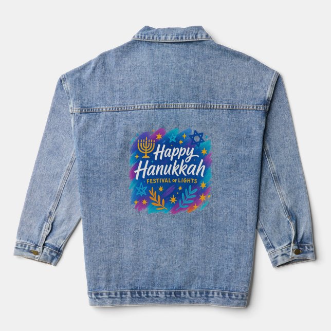 Lichterfest-Menora-Design – Damen-Denimjacke Jeansjacke (Rückseite)