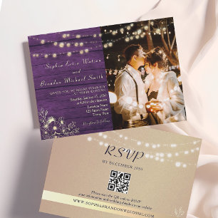 Lichterkette aus lila rustikalem Holz für Hochzeit Einladung