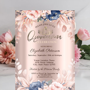 Lichterkette Blaue Blumen Rosen Gold Quinceañera Einladung