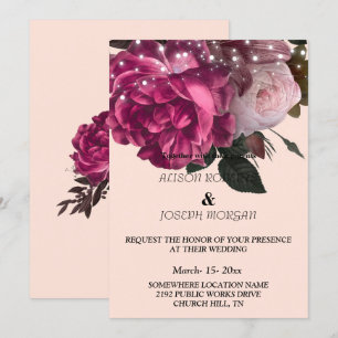 Lichterkette Burgunder Blumen Hochzeitseinladung Einladung
