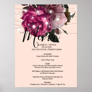 Lichterkette Burgunderblüten Menü Schild