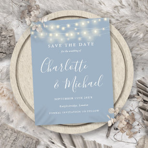 Lichterkette Dusty Blue Hochzeit Save the Date Postkarte