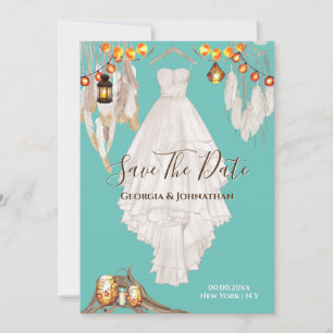 Lichterkette Feder Boho Makramee Kleid Blaugrün Save The Date