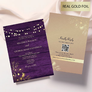 Lichterkette Gold Lila Hochzeit QR Code Folieneinladung