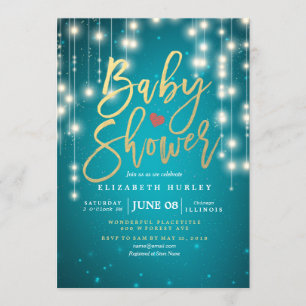 Lichterkette Gold Schrift Blau Glitzer Baby Shower Einladung