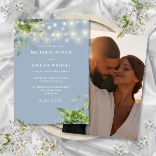 Lichterkette Grünzeug Staubblau Foto-Hochzeit Einladung