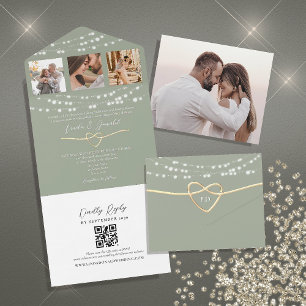 Lichterkette Hellgrüne Hochzeit QR-Code All In One Einladung
