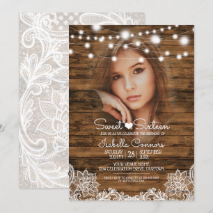 Lichterkette Holz und Spitze Sweet 16 Party Einladung