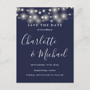 Lichterkette Navy Blau Hochzeit Save the Date Postkarte