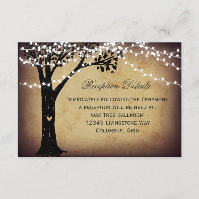 Lichterkette Rustikale Baum Hochzeitsempfang Karte (Vorderseite)