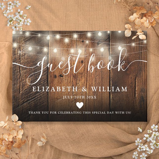 Lichterkette Rustikale Scheunen-Hochzeit aus Holz Gästebuch (String Lights Rustic Barn Wood Wedding Guest Book)