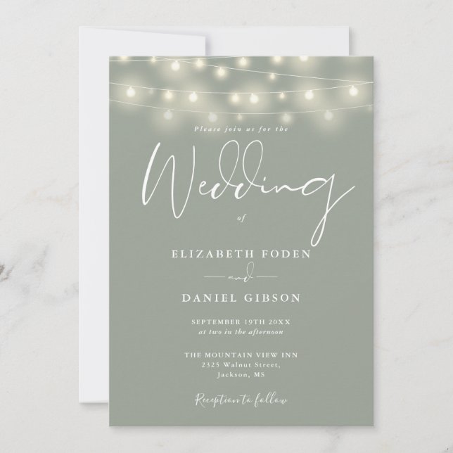 Lichterkette Sage Green QR-Code Hochzeit Einladung (Vorderseite)