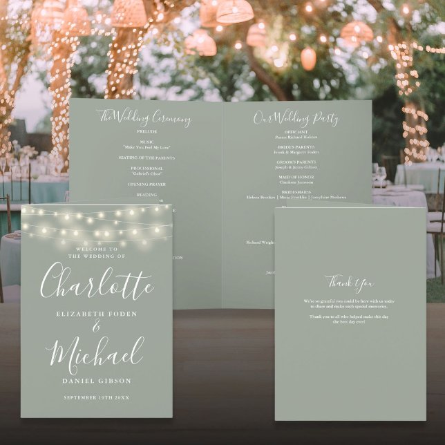 Lichterkette Sage Grün Elegantes Skript Hochzeit Programm (String Lights Sage Green Elegant Script Wedding Program)