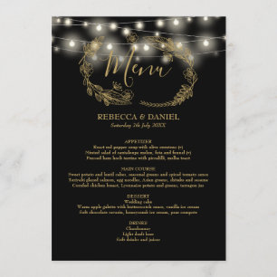 Lichterkette Schwarz und Gold Blumen Hochzeit Menükarte