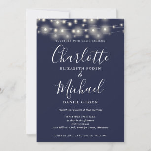 Lichterkette Skript Navy Blau QR-Code Hochzeit Einladung