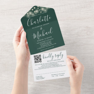 Lichterkette Smaragdgrün Schrift QR-Code Hochzeit All In One Einladung