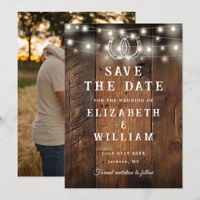 Lichterkette Stallholz Foto Western-Hochzeit  Save The Date (Vorne/Hinten)