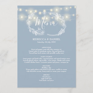 Lichterkette Staubblau Florale Hochzeit Menükarte
