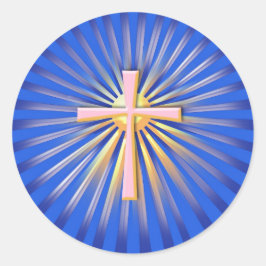 Lichtstrahlen aus dem religiösen Kreuz (On Blue) Runder Aufkleber