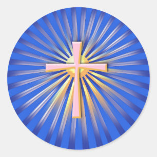 Lichtstrahlen aus dem religiösen Kreuz (On Blue) Runder Aufkleber