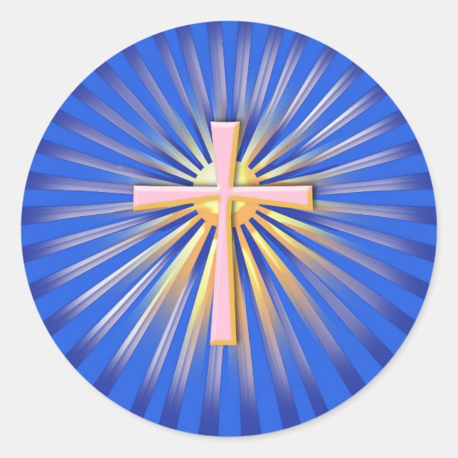 Lichtstrahlen aus dem religiösen Kreuz (On Blue) Runder Aufkleber (Vorderseite)