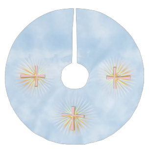 Lichtstrahlen aus dem religiösen Kreuz (W/Wolken) Polyester Weihnachtsbaumdecke